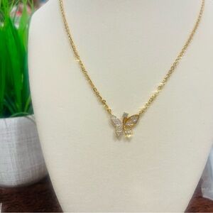 Gold Butterfly Pendant Necklace - Sparkling Crystal Accent